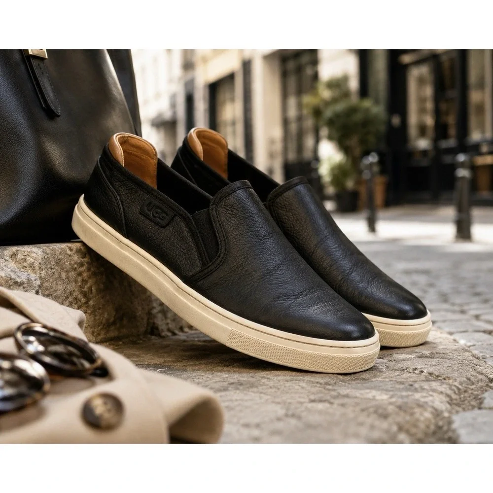 UGG Black Leather Slip On Sneakers Men 9 Casual Comfort Shoes